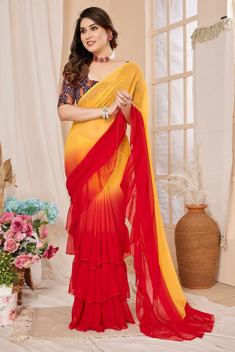 Orange Georgette Ruffled Saree