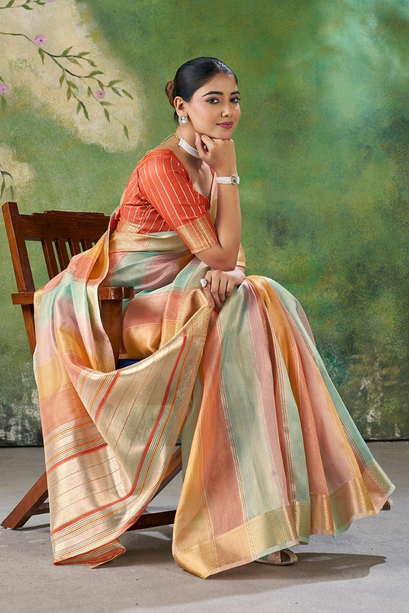 Orange Linen Cotton Zari Weaving Saree