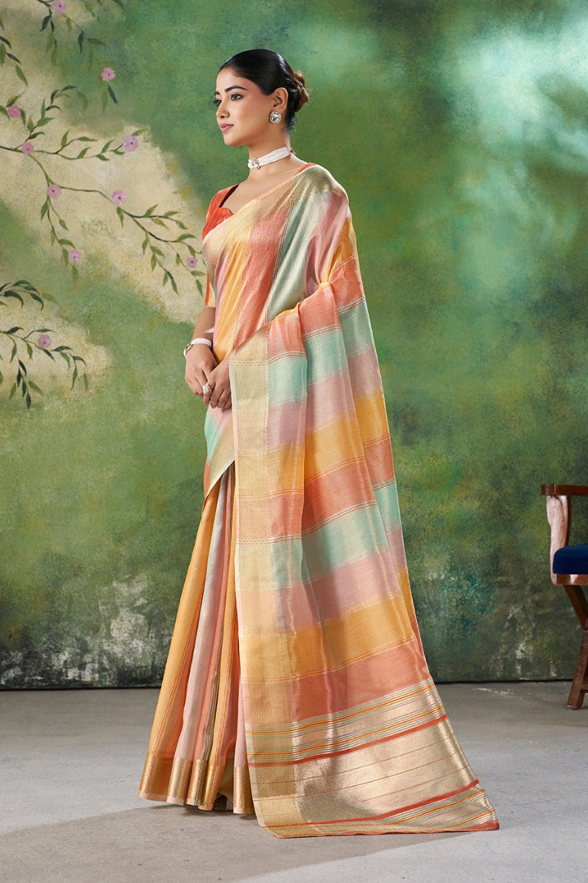 Orange Linen Cotton Zari Weaving Saree