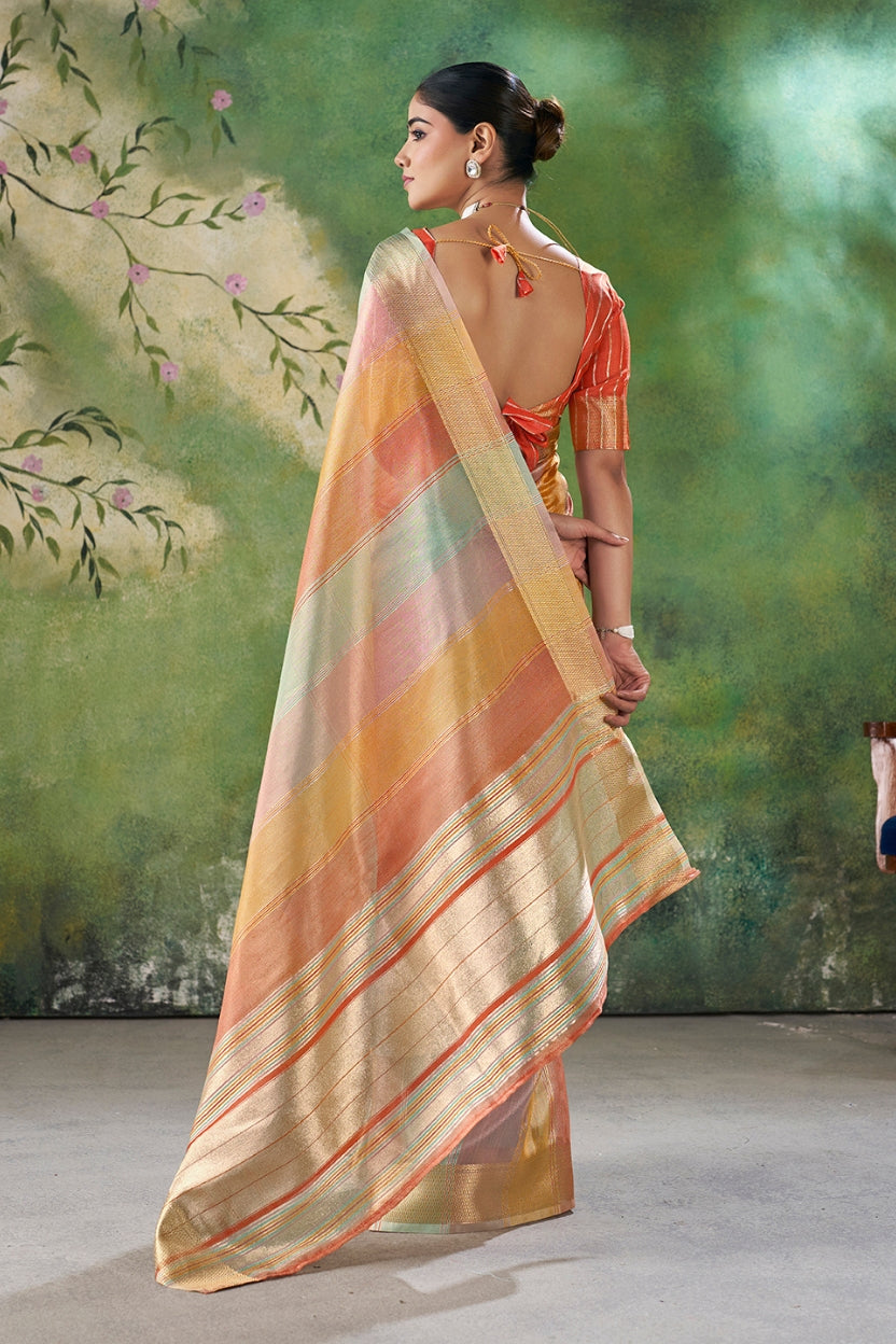 Orange Linen Cotton Zari Weaving Saree