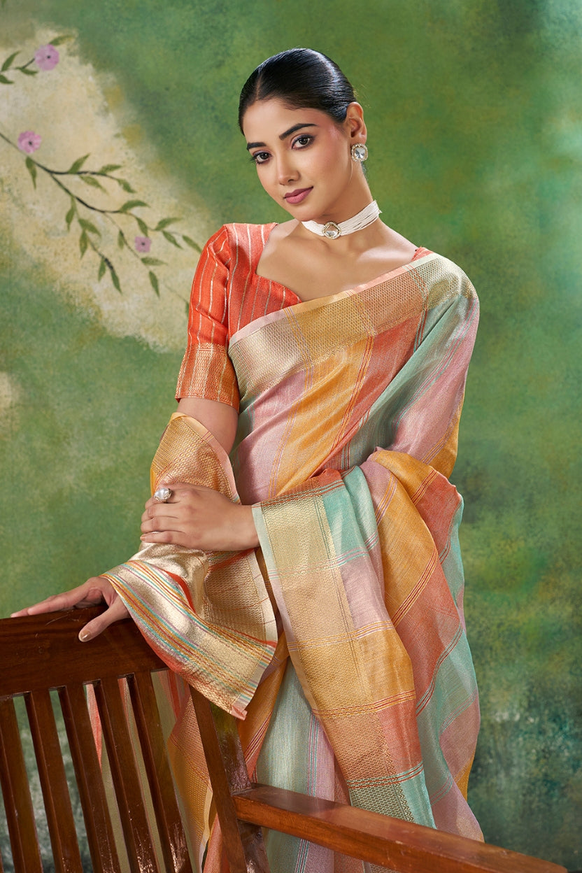 Orange Linen Cotton Zari Weaving Saree