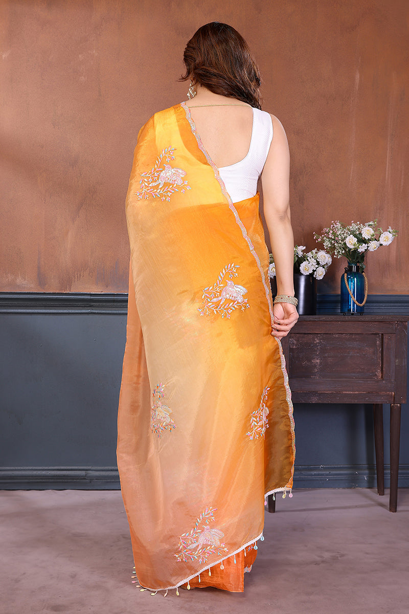 Orange Yellow Dual Shade Embroidered Saree