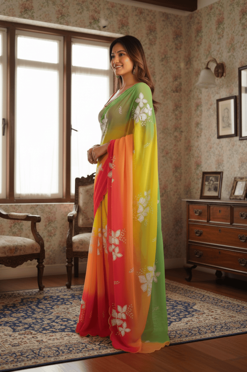 Orange Embroidery Work Georgette Saree