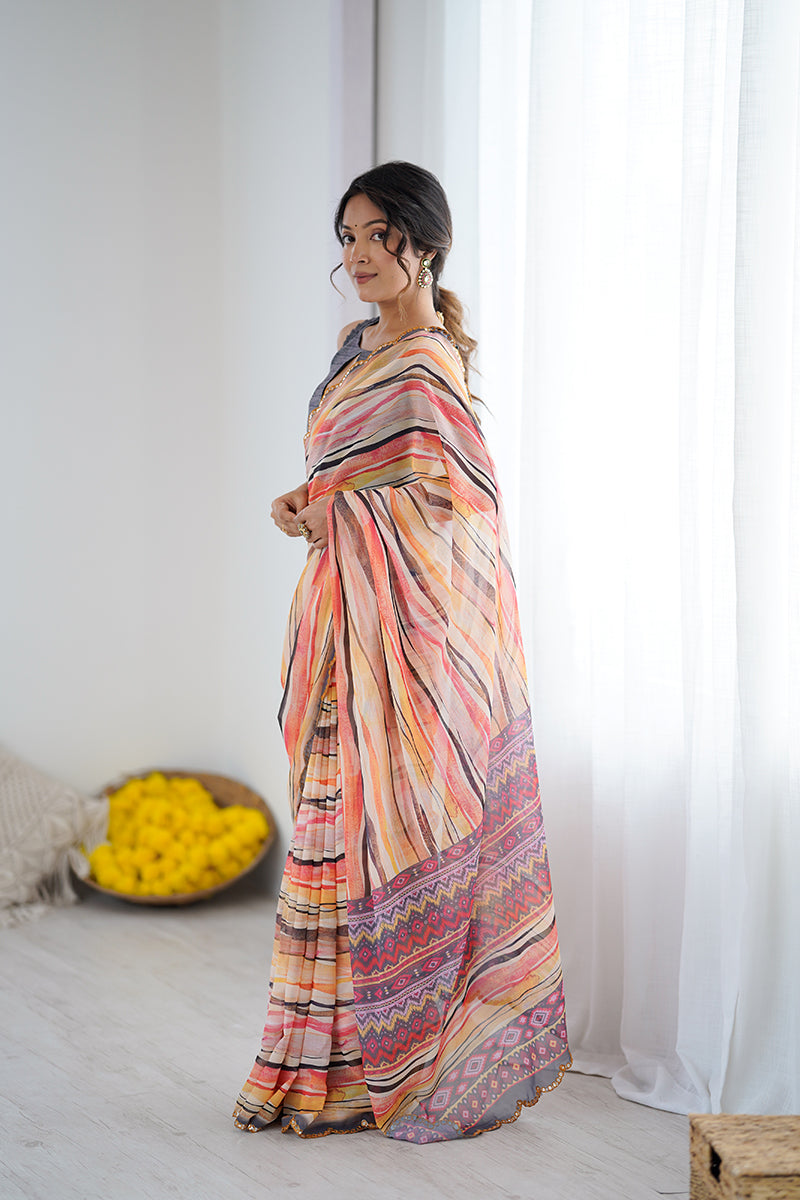 Orange Printed Mirror Work Georgette Saree