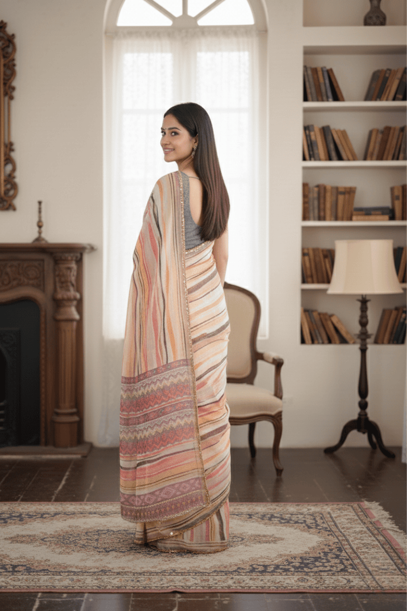 Orange Printed Mirror Work Georgette Saree