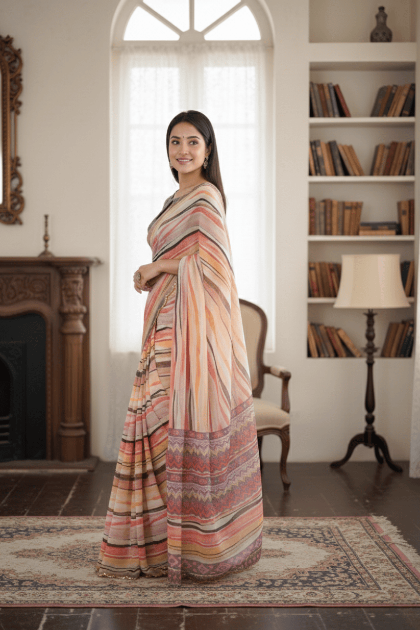 Orange Printed Mirror Work Georgette Saree