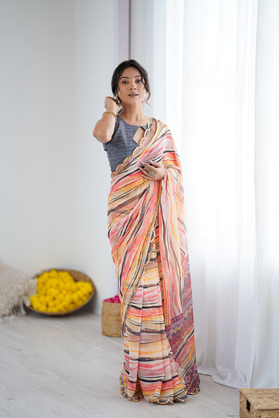 Orange Printed Mirror Work Georgette Saree