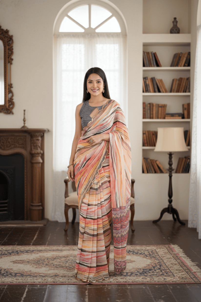 Orange Printed Mirror Work Georgette Saree