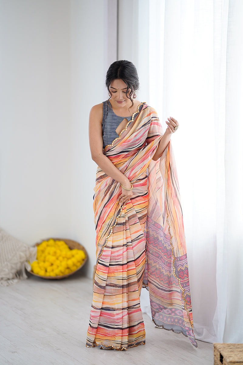 Orange Printed Mirror Work Georgette Saree