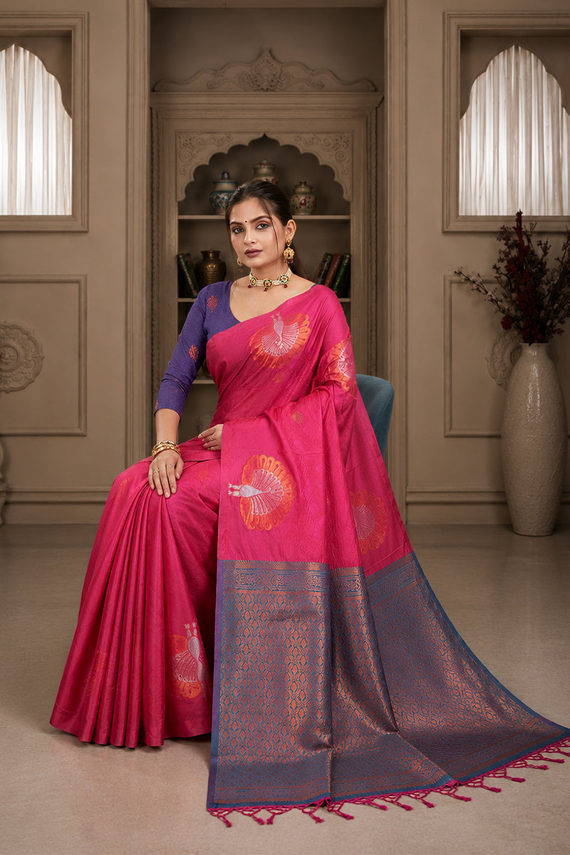 Pink Handloom Woven Banarasi Silk Saree