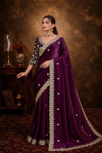 Purple Sequined Embroidered Fancy Chiffon Saree