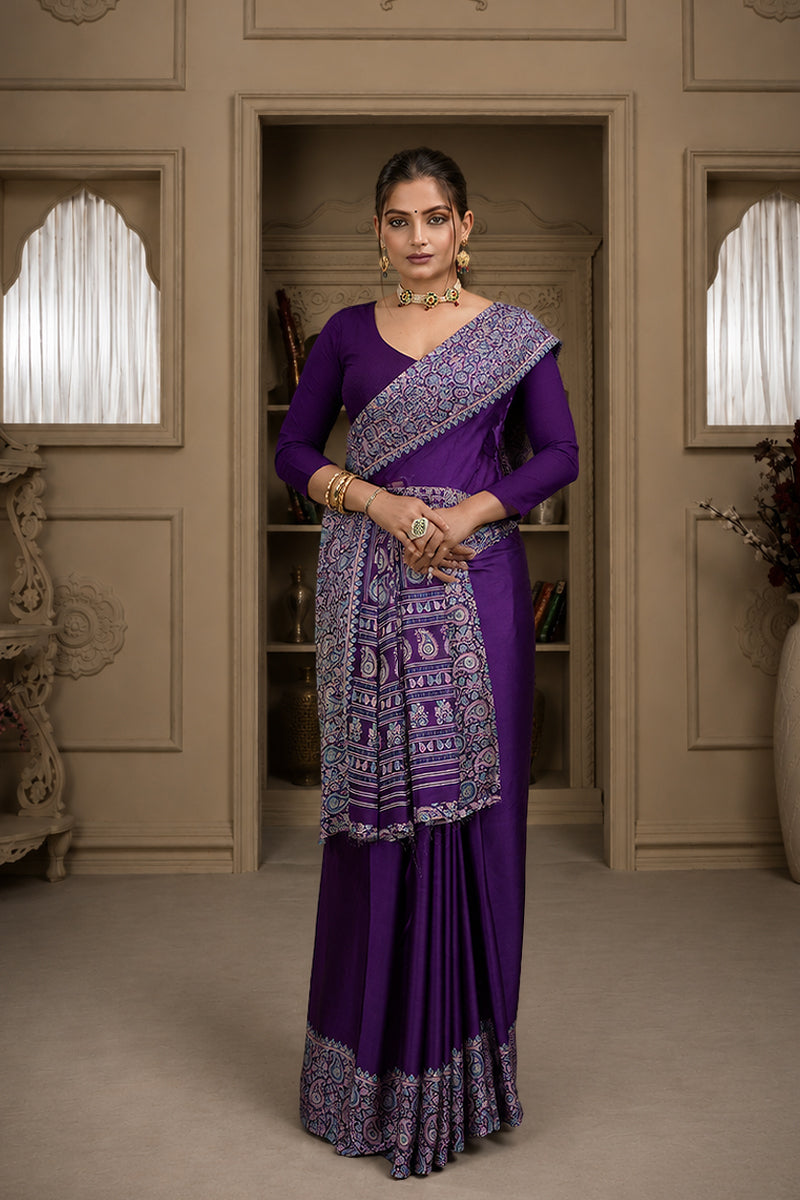 Purple Ajrakh Printed Silk Saree