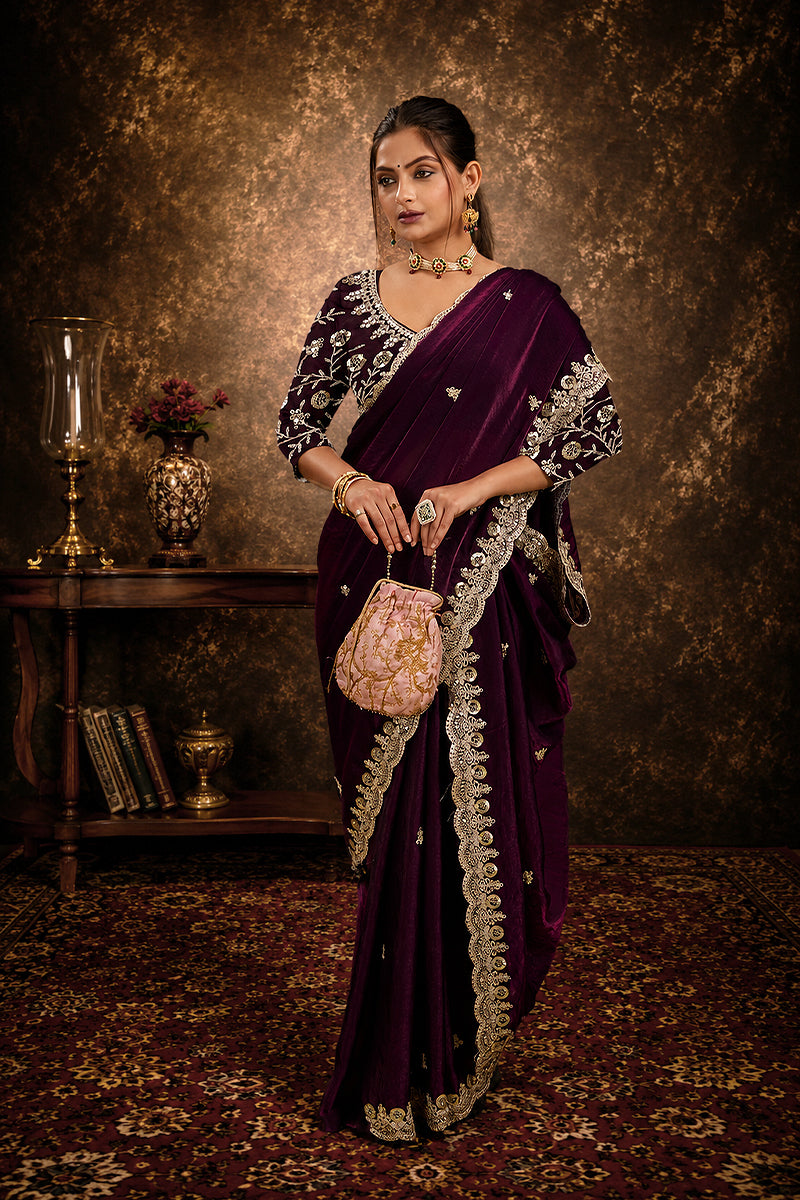 Purple Sequined Embroidered Fancy Chiffon Saree