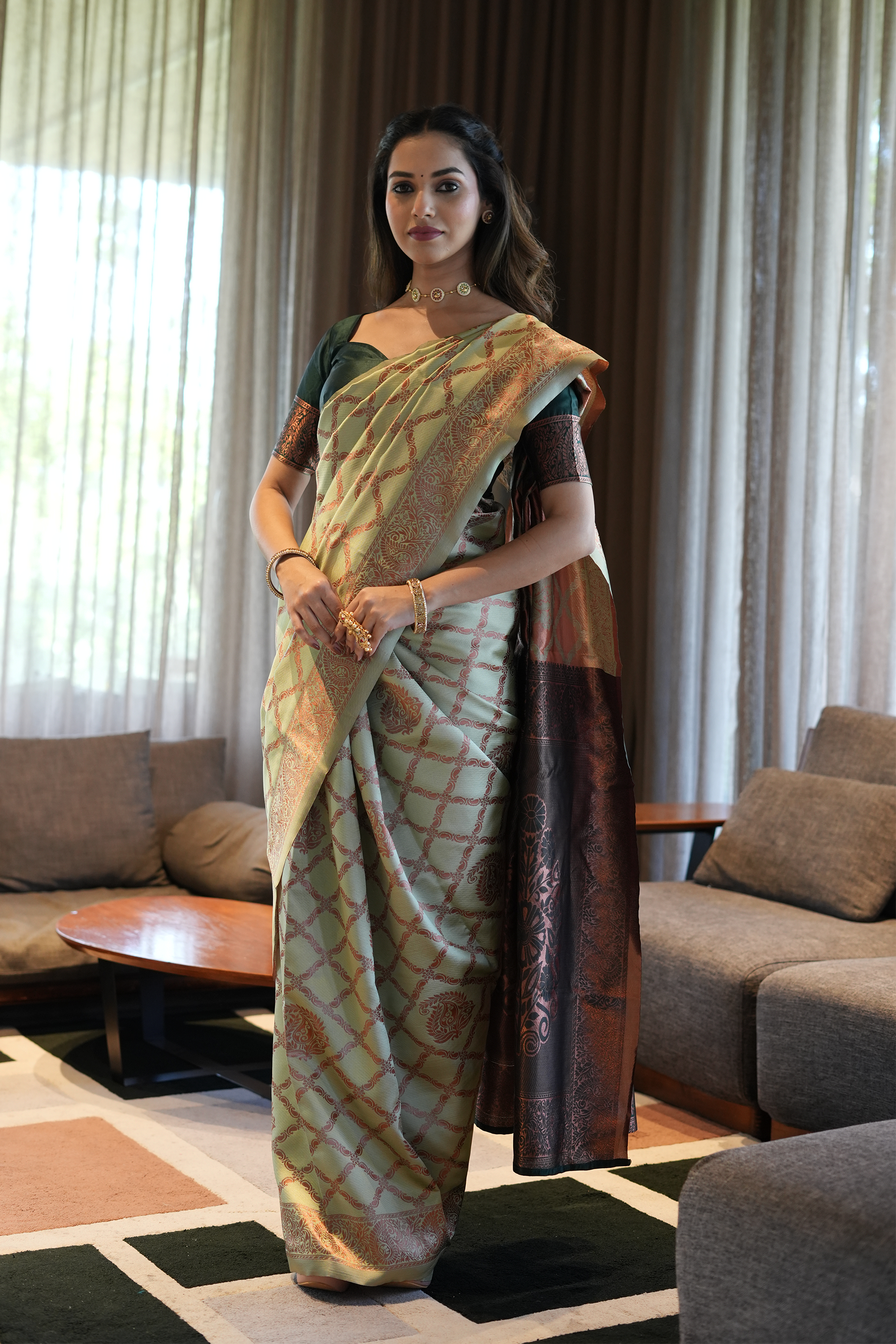 Pastel Green Jhalar Silk Blend Saree