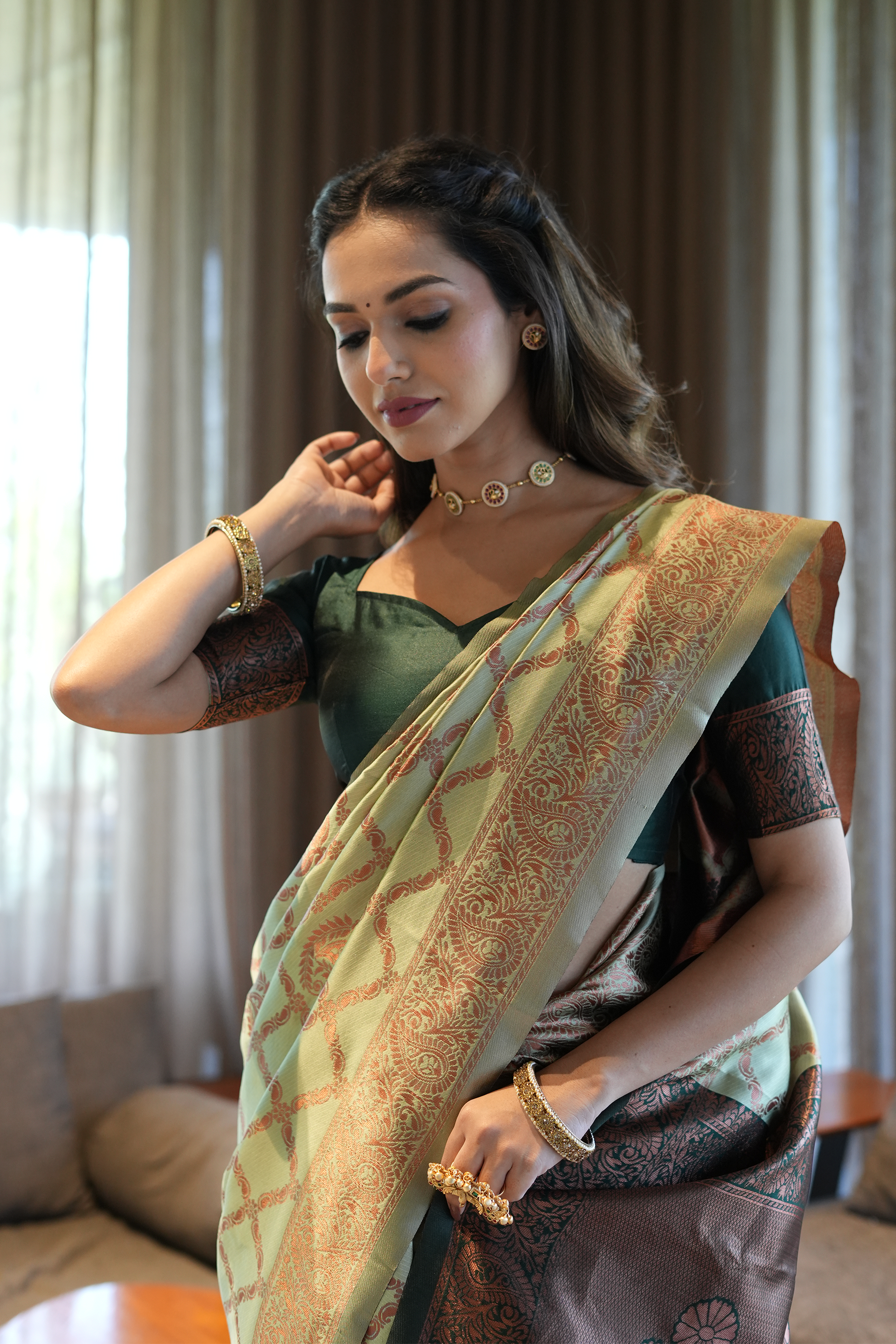 Pastel Green Jhalar Silk Blend Saree