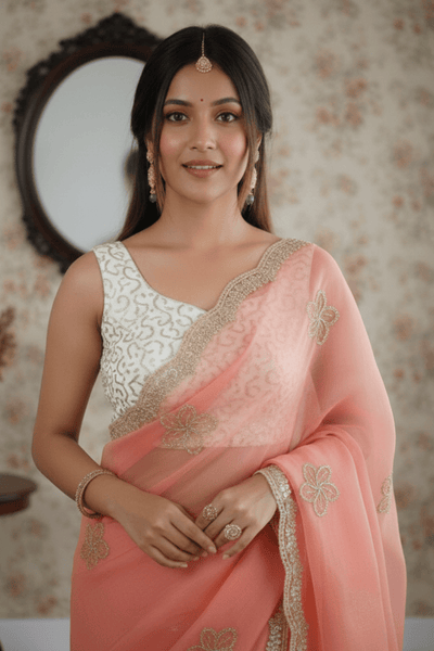 Peach Crunchy Silk Embroidery Saree