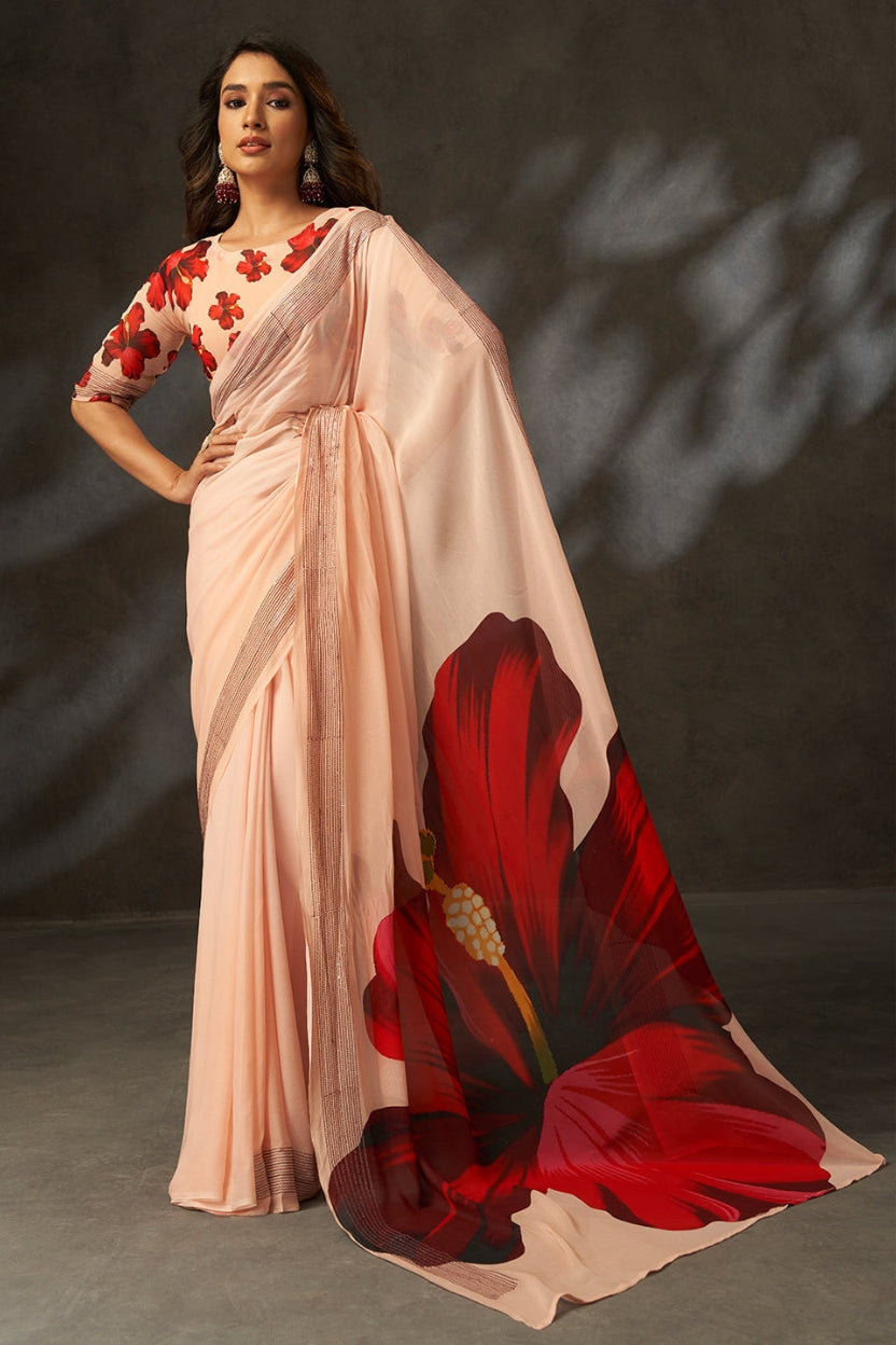 Peach Digital Printed Georgette Saree