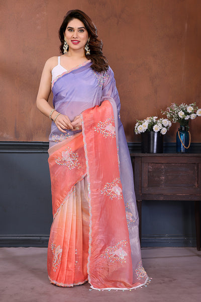 Peach Lavender Dual Shade Embroidered Saree