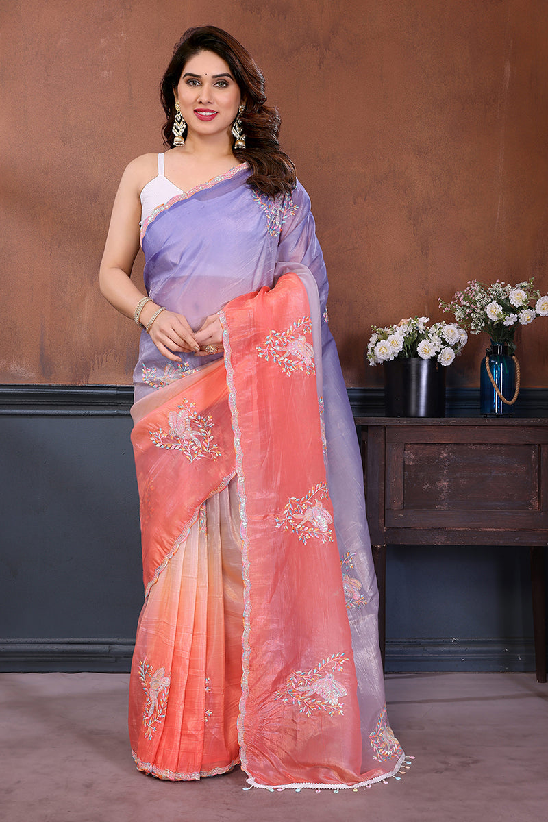 Peach Lavender Dual Shade Embroidered Saree