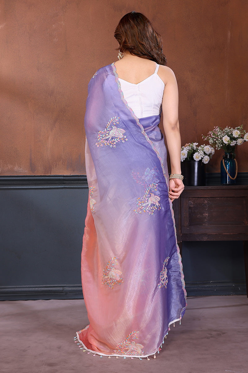 Peach Lavender Dual Shade Embroidered Saree