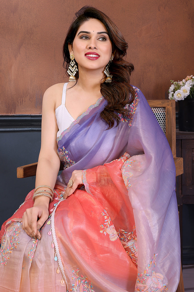 Peach Lavender Dual Shade Embroidered Saree