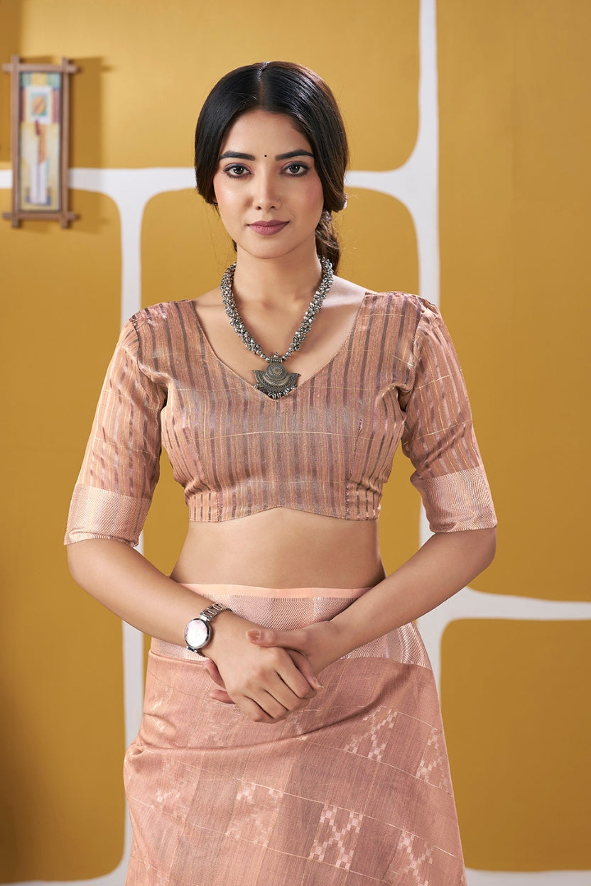 Peach Linen Cotton Saree