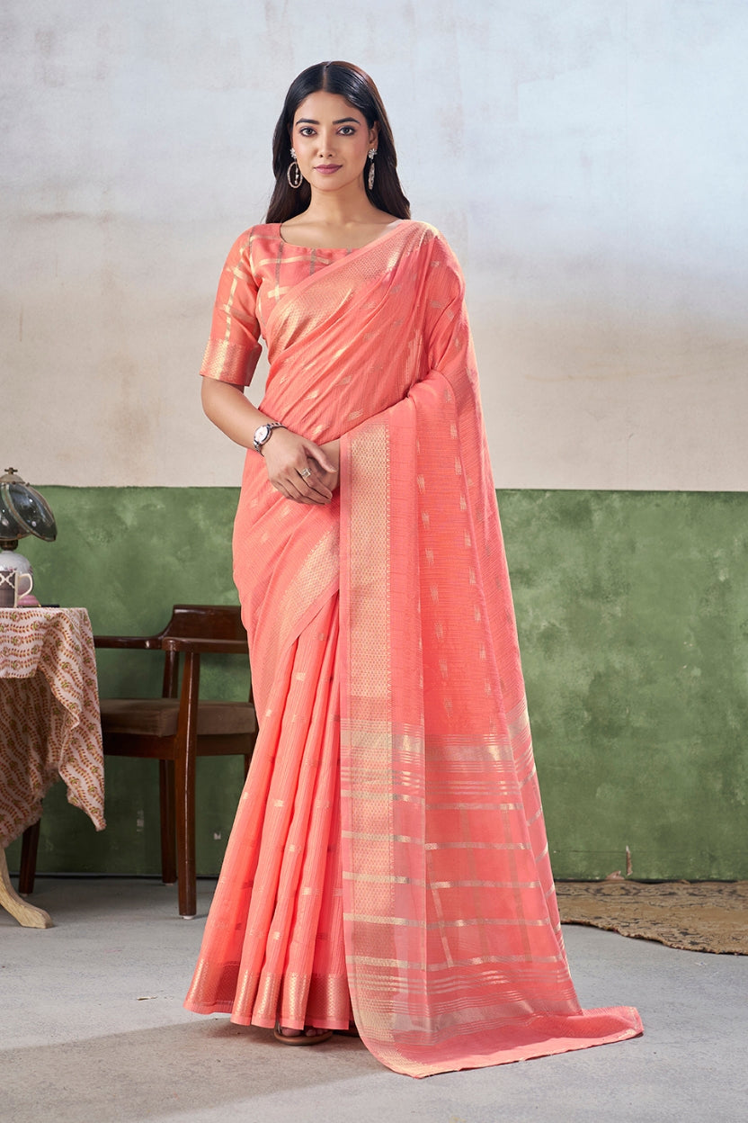 Peach Linen Cotton Saree
