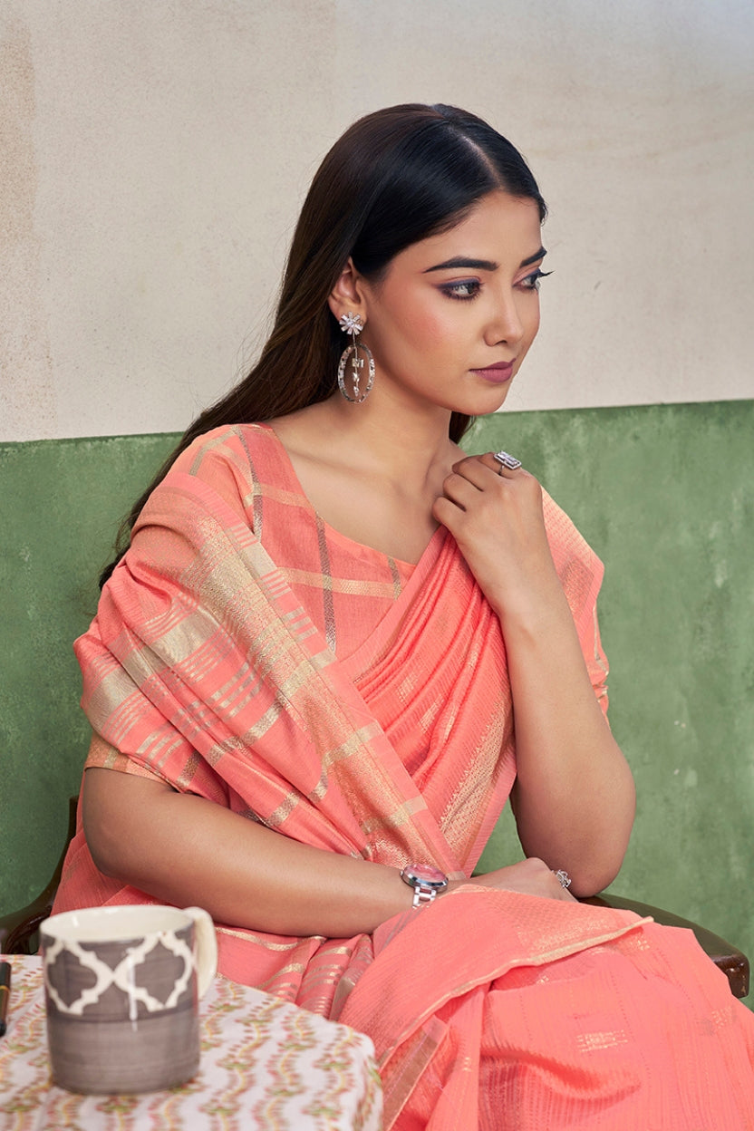 Peach Linen Cotton Saree