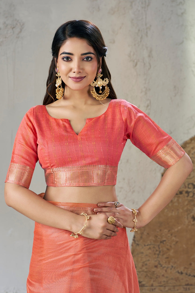 Peach Linen Cotton Zari Border Saree