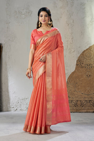 Peach Linen Cotton Zari Border Saree
