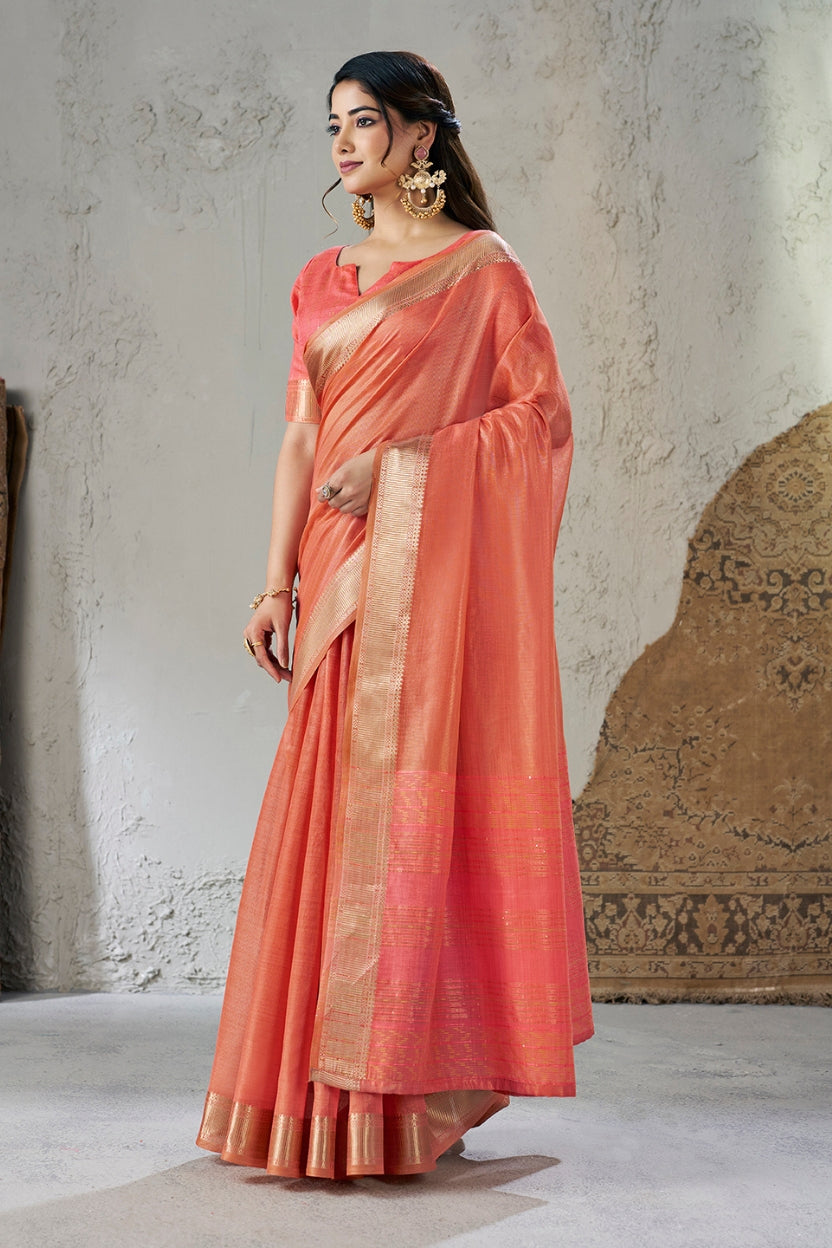 Peach Linen Cotton Zari Border Saree