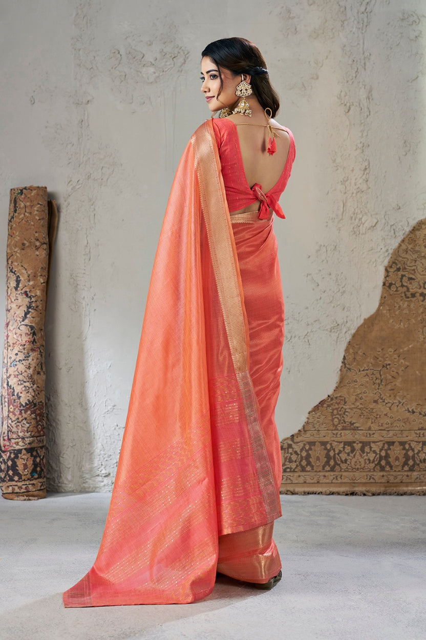 Peach Linen Cotton Zari Border Saree