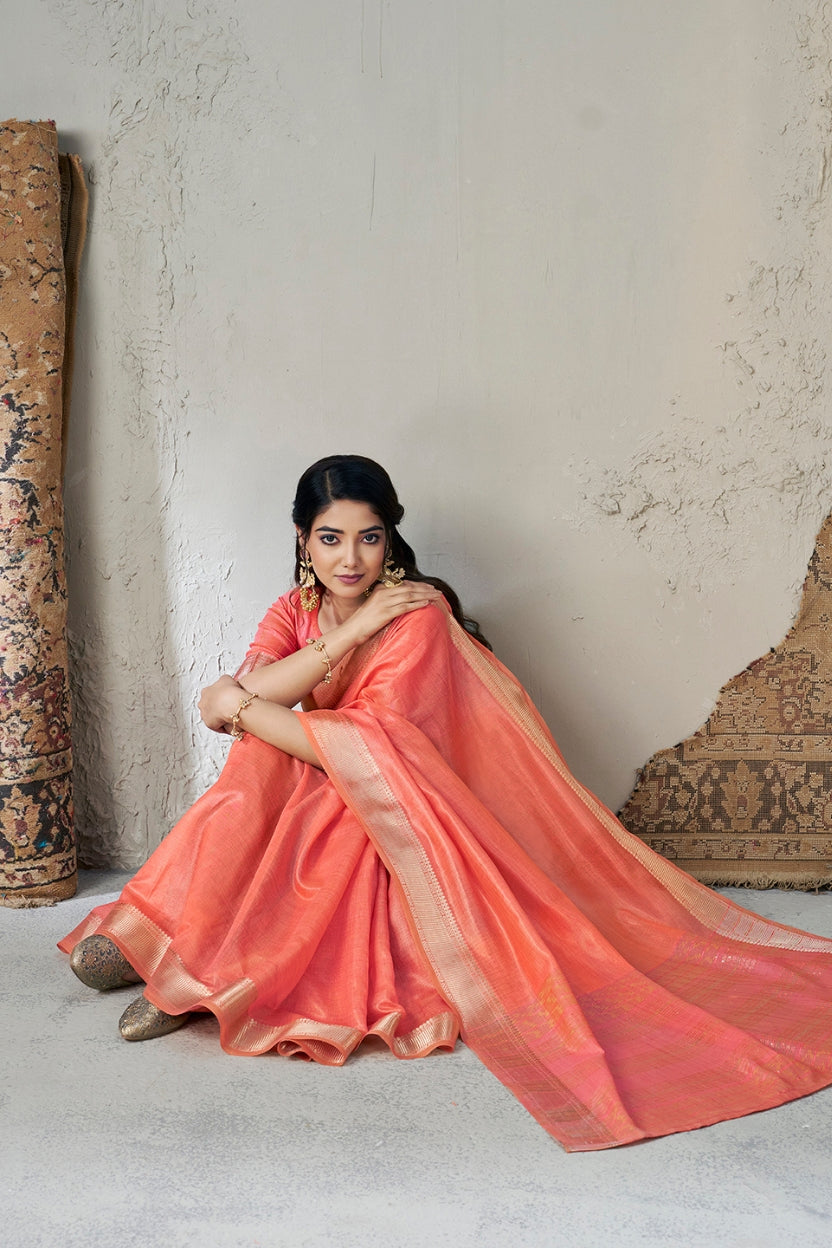 Peach Linen Cotton Zari Border Saree