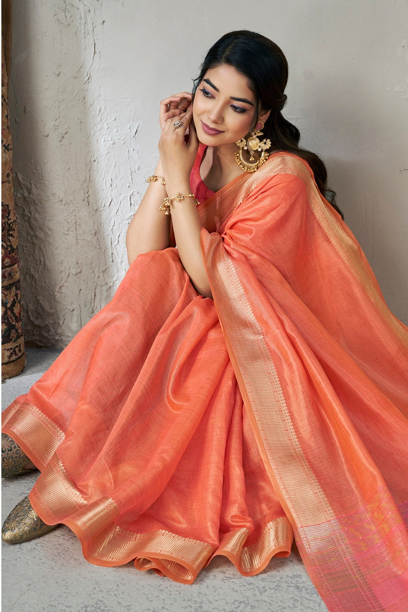 Peach Linen Cotton Zari Border Saree
