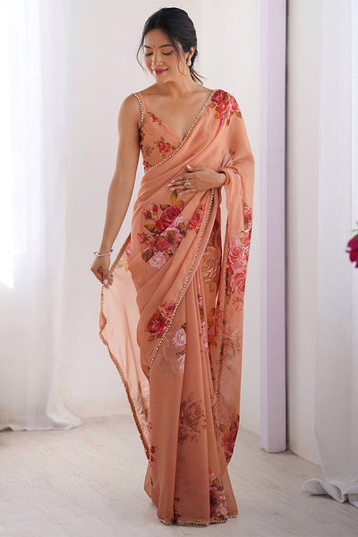 Peach Printed Georgette Lace Saree