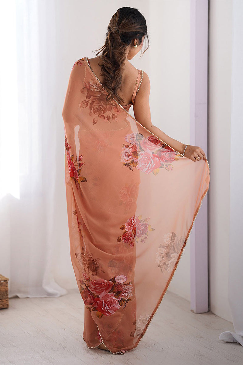Peach Printed Georgette Lace Saree