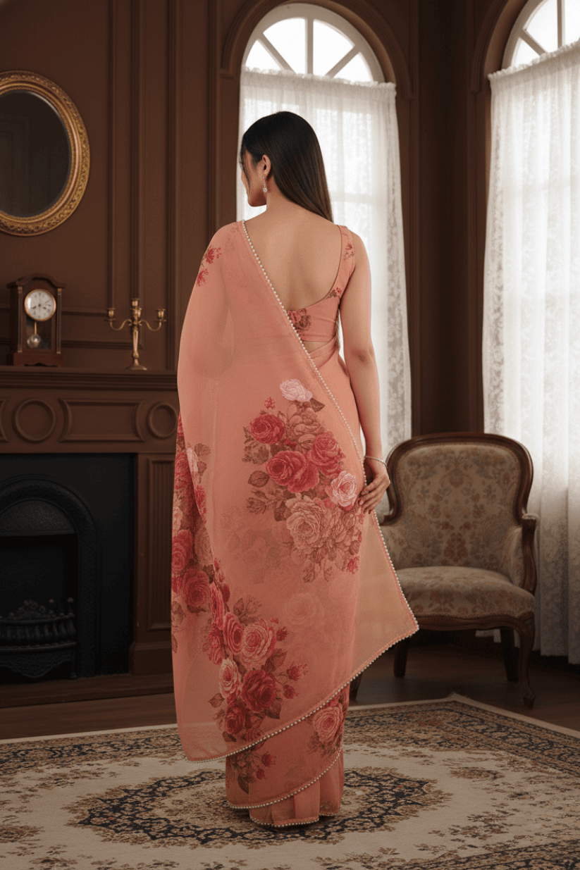 Peach Printed Georgette Lace Saree