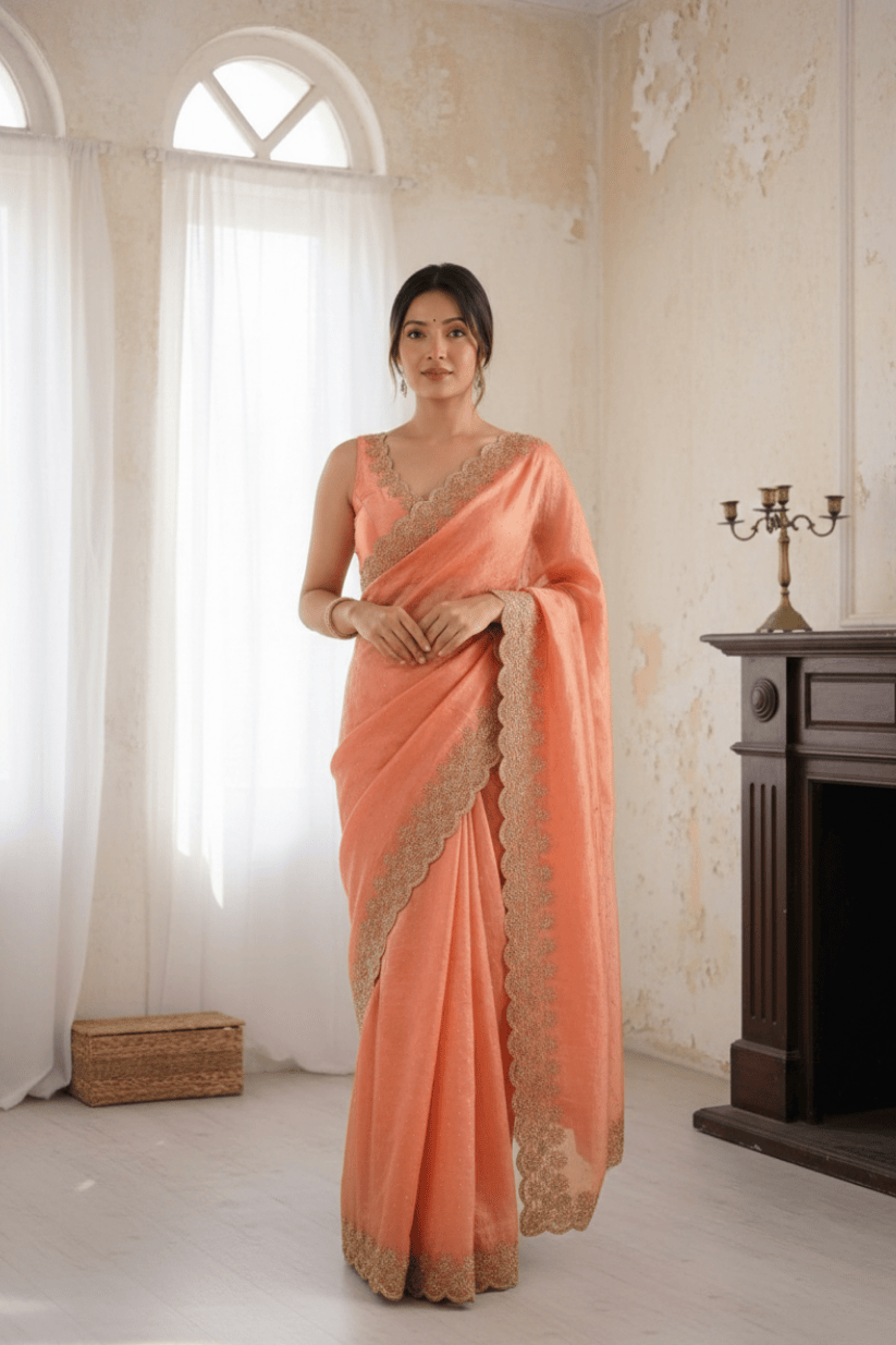 Peach Soft Silk Swarovski Embroidery Saree