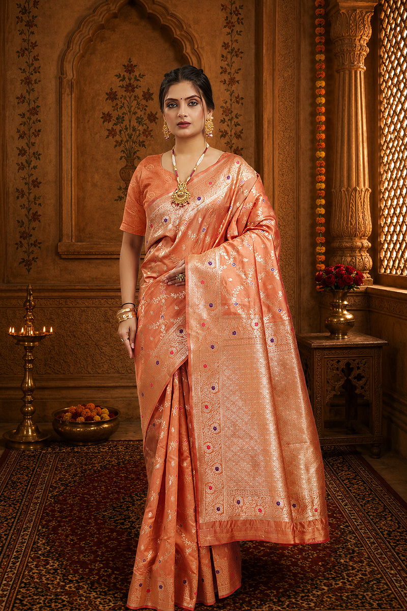 Peach Woven Banarasi Silk Saree
