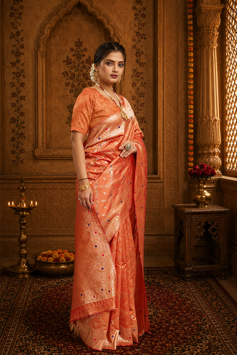 Peach Woven Banarasi Silk Saree