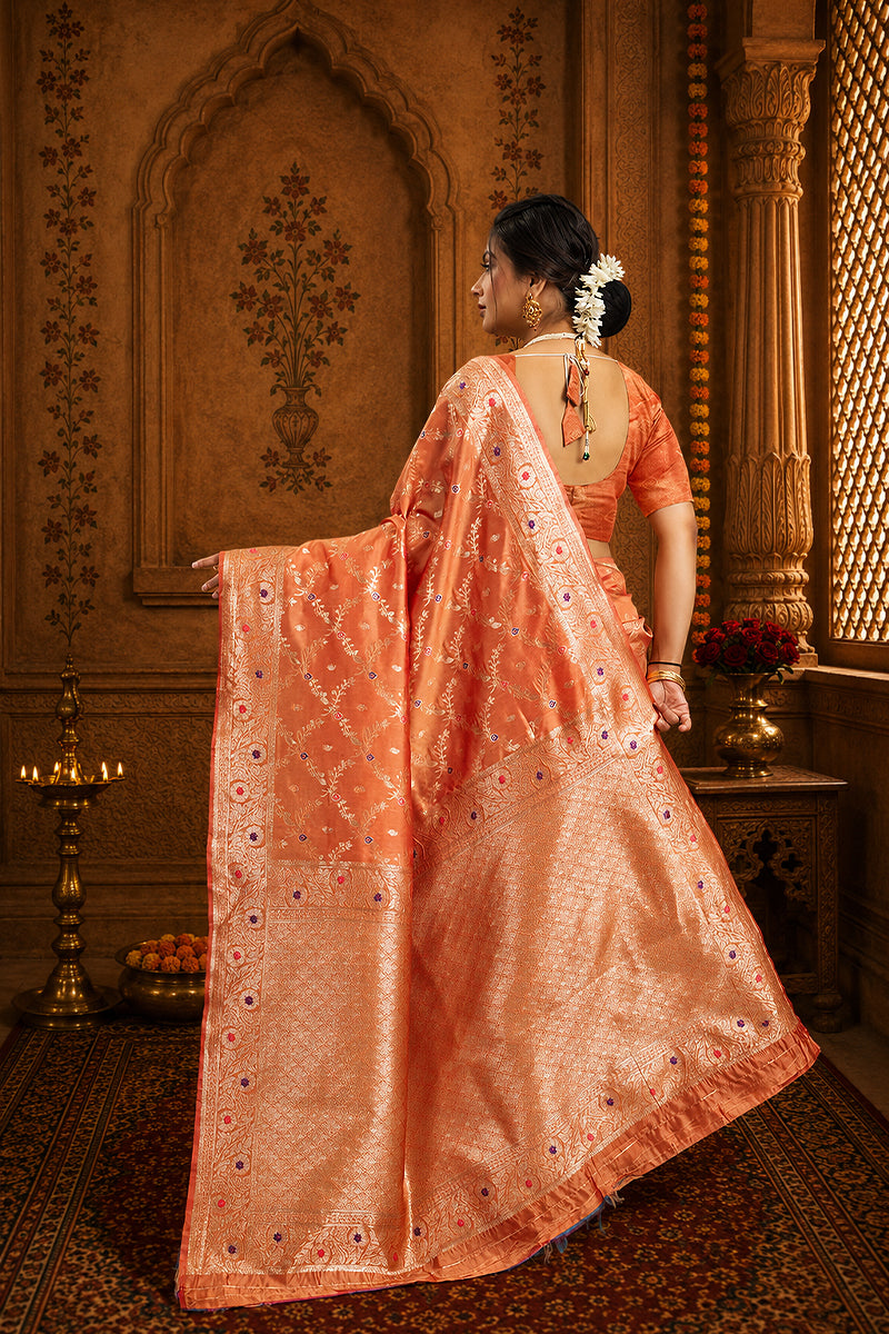 Peach Woven Banarasi Silk Saree