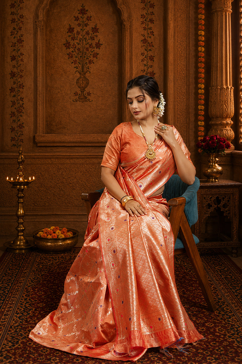 Peach Woven Banarasi Silk Saree