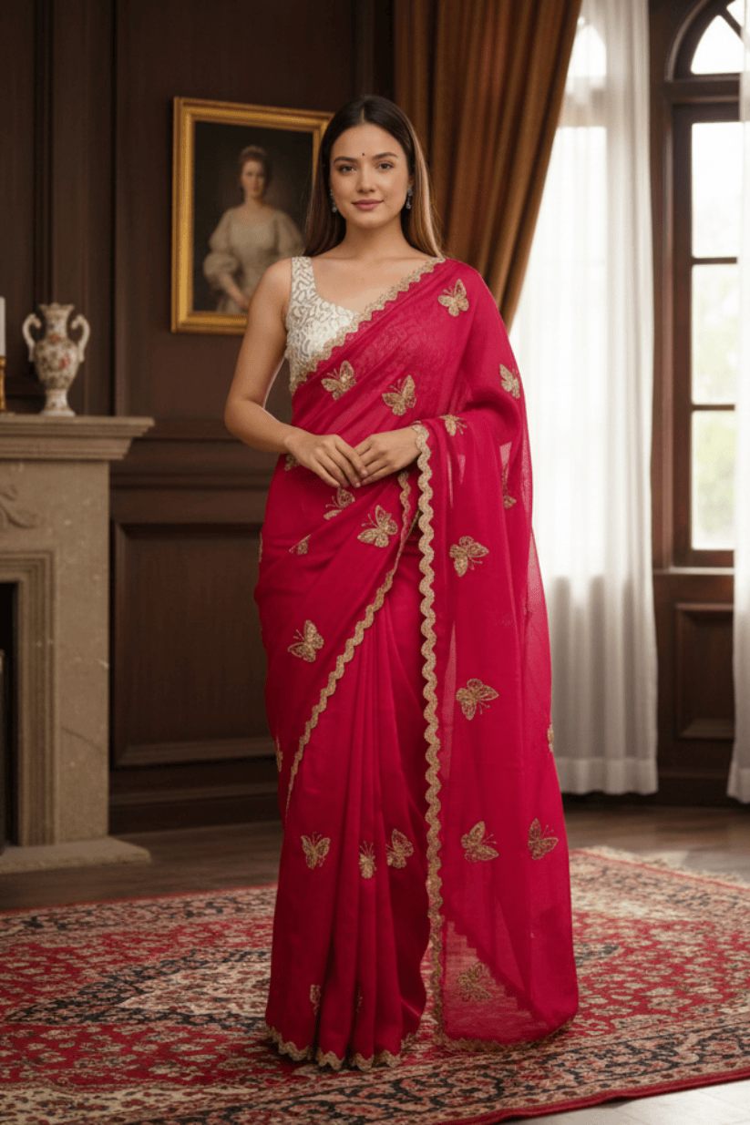 Pink Crunchy Silk Embroidery Saree