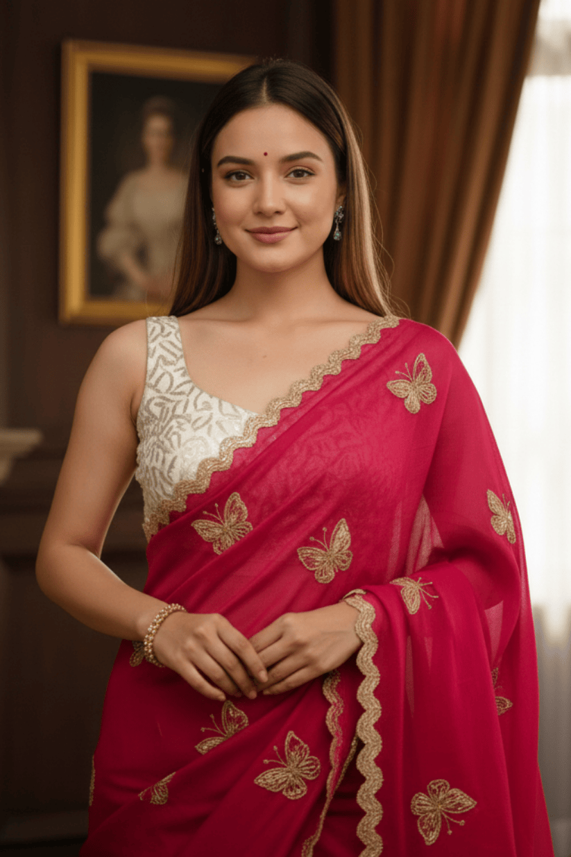 Pink Crunchy Silk Embroidery Saree