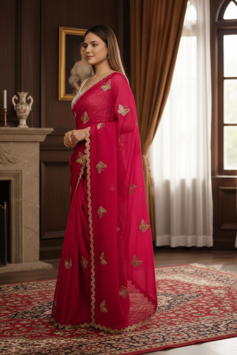 Pink Crunchy Silk Embroidery Saree