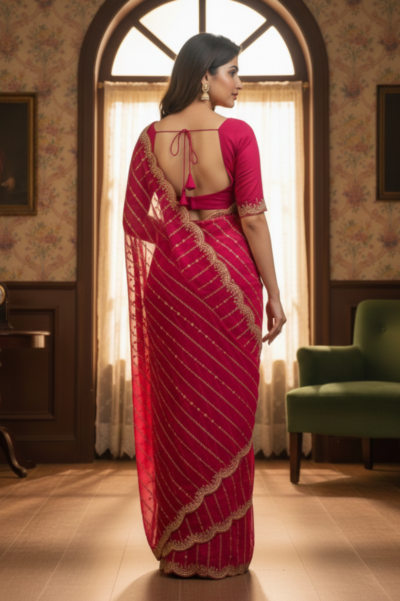 Pink Fendi Satin Embroidery Saree