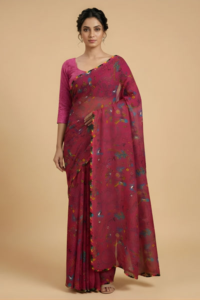 Pink Floral Printed Georgette Saree