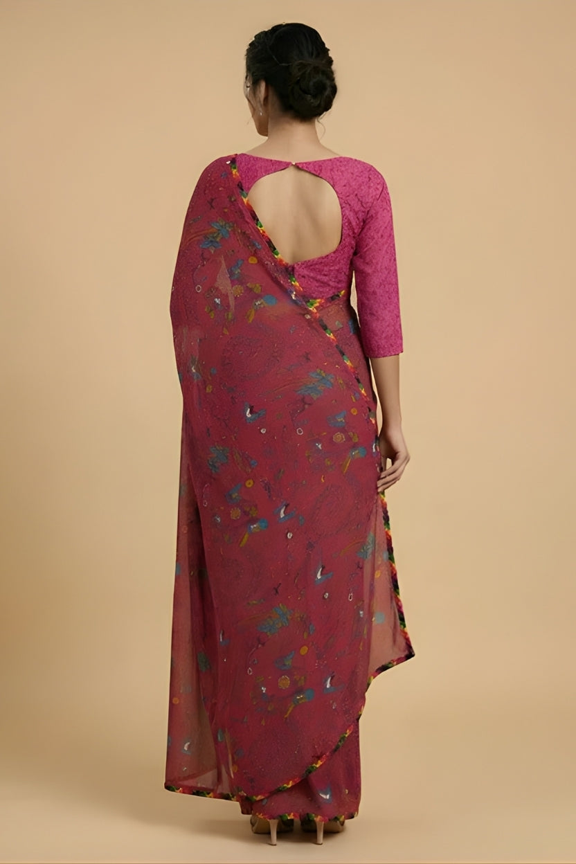 Pink Floral Printed Georgette Saree