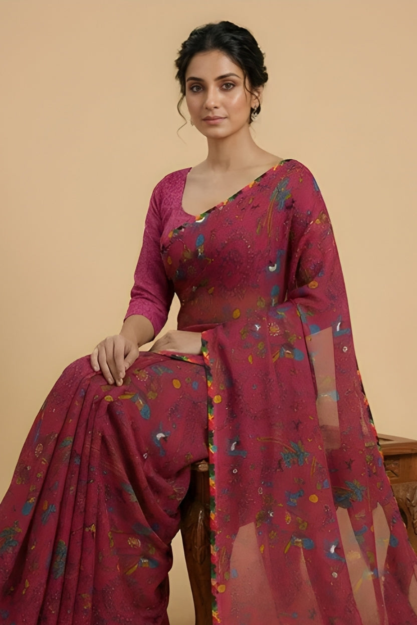 Pink Floral Printed Georgette Saree