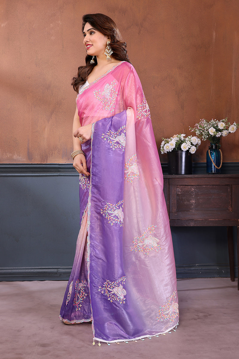 Pink Lavender Dual Shade Embroidered Saree